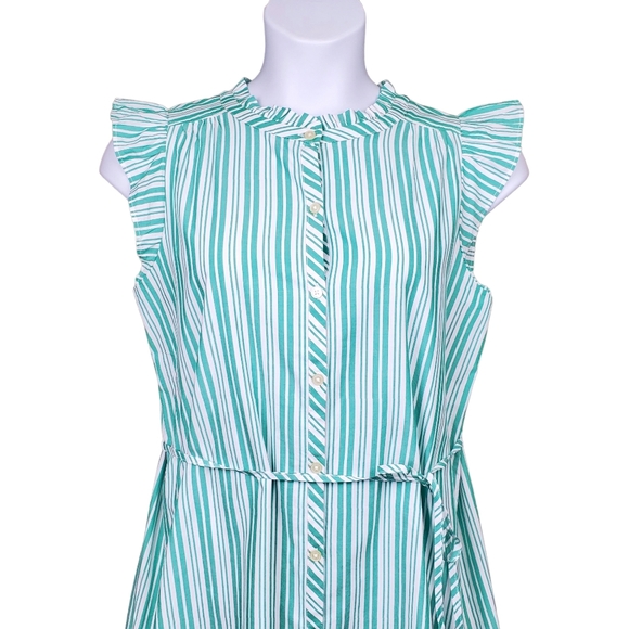 Loft White Green Striped Ruffle Tie Waist Shirtdress Size M NWT - Picture 2 of 7